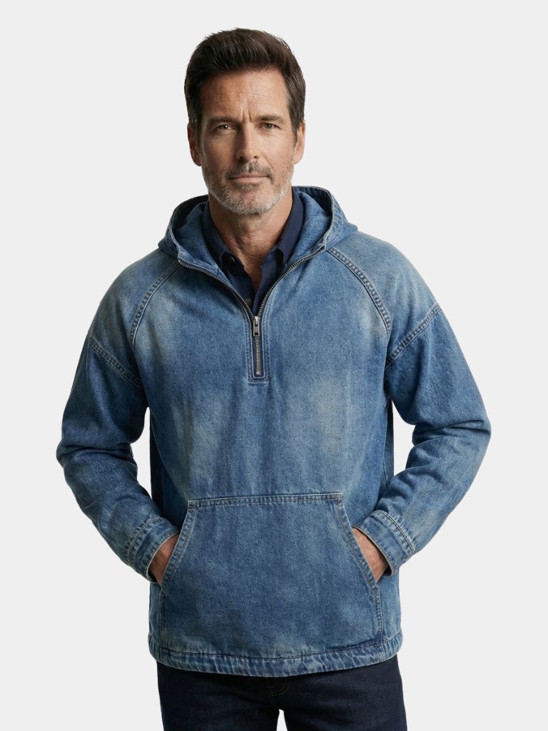 Giacca Artisan in denim con cappuccio e mezza zip - Aurelio Club