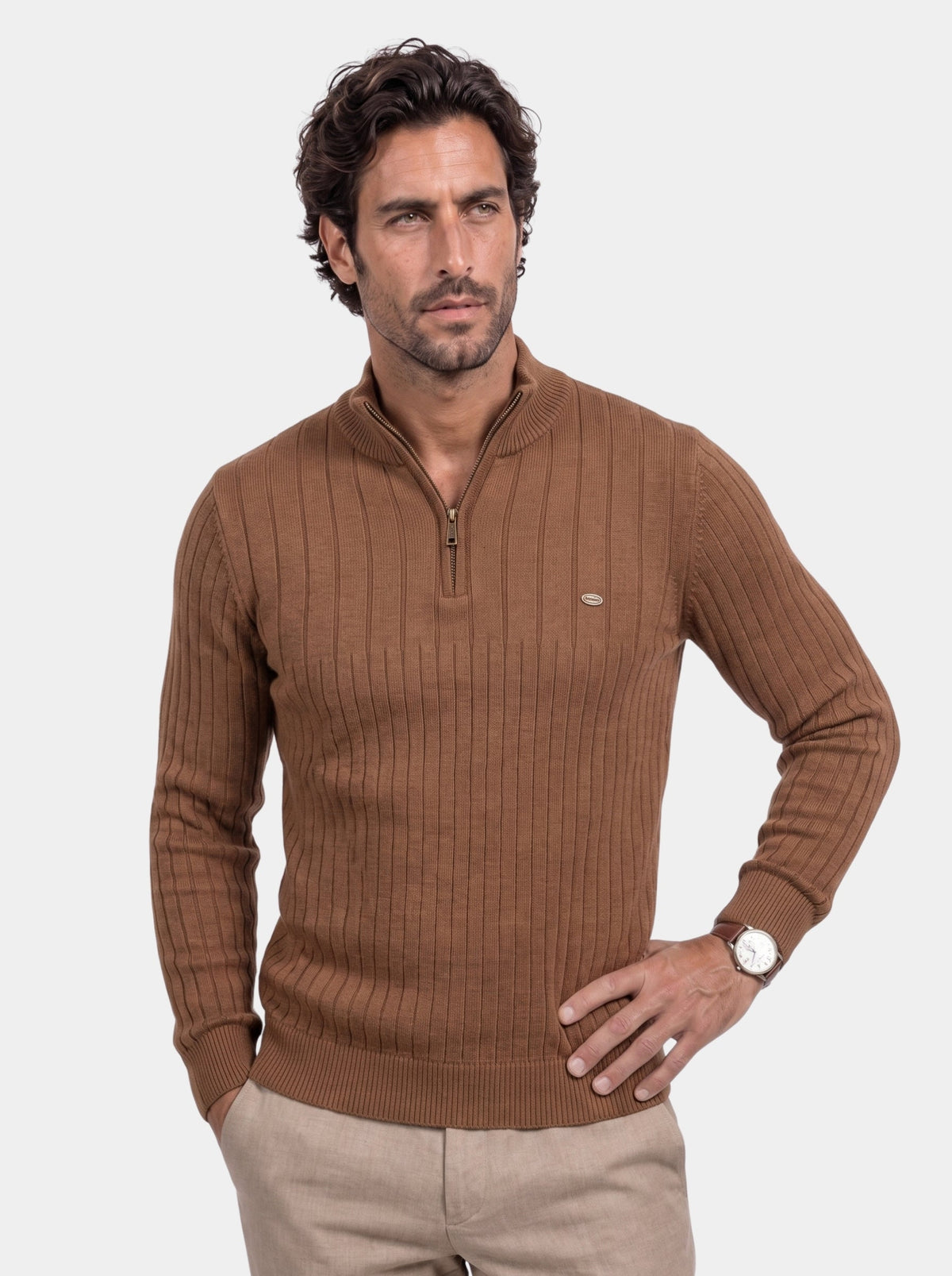 Pullover in misto cotone a righe verticali con zip corta - Aurelio Club