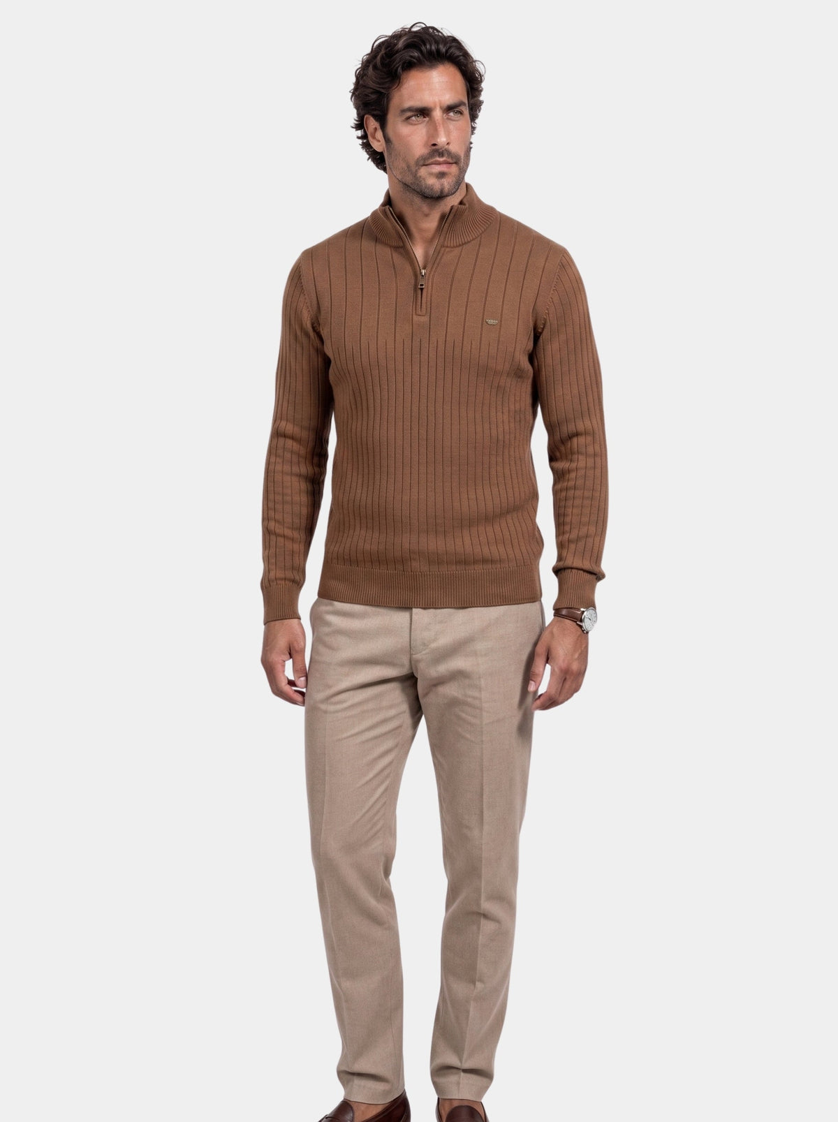 Pullover in misto cotone a righe verticali con zip corta - Aurelio Club