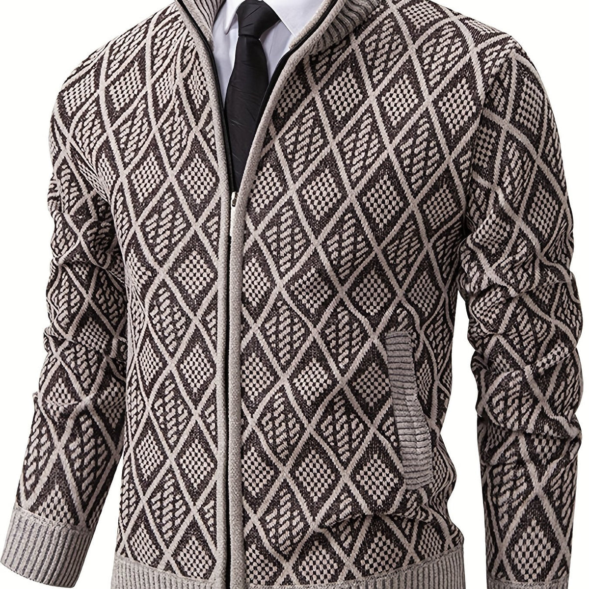 Cardigan uomo geometrico con zip e collo alto