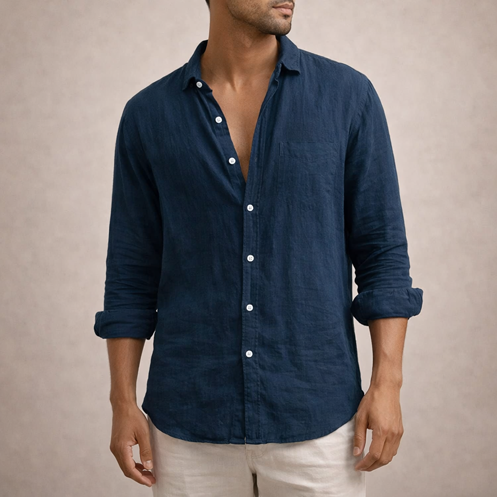 Camicia uomo in lino a maniche lunghe con collo aperto
