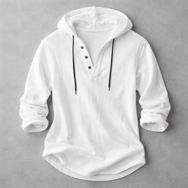 Maglia Henley uomo in cotone e lino con cappuccio