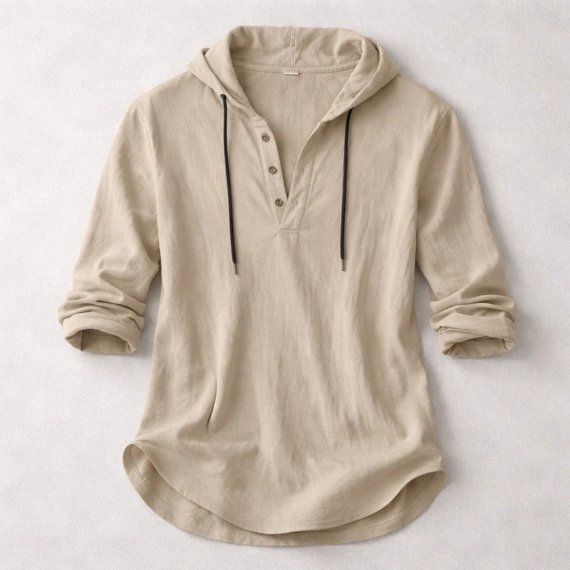 Maglia Henley uomo in cotone e lino con cappuccio