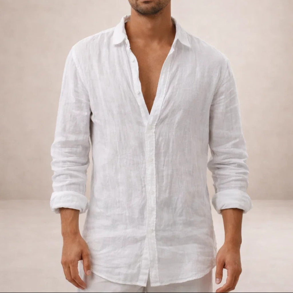 Camicia uomo in lino a maniche lunghe con collo aperto