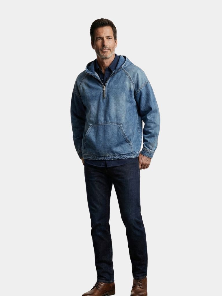 Giacca Artisan in denim con cappuccio e mezza zip - Aurelio Club