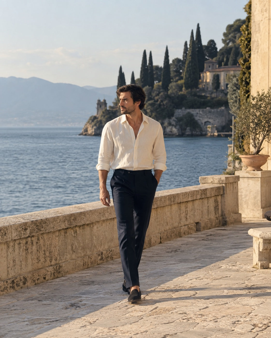 Immagine editoriale Aurelio Club: camicia avorio e pantaloni blu su una terrazza affacciata sul mare.