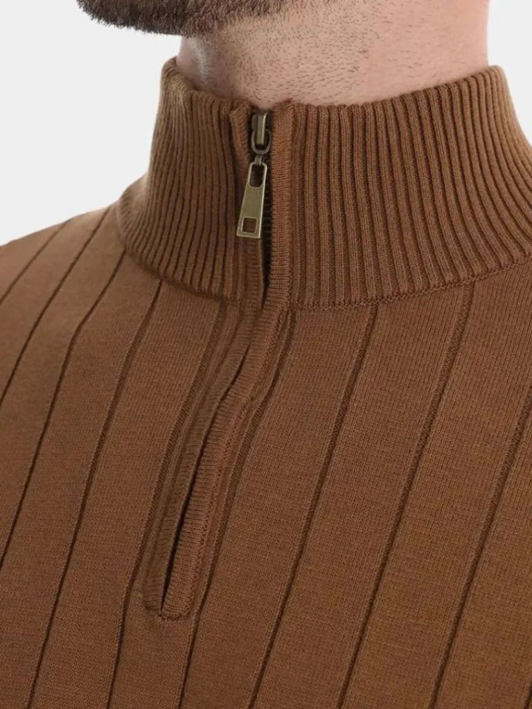 Pullover in misto cotone a righe verticali con zip corta - Aurelio Club