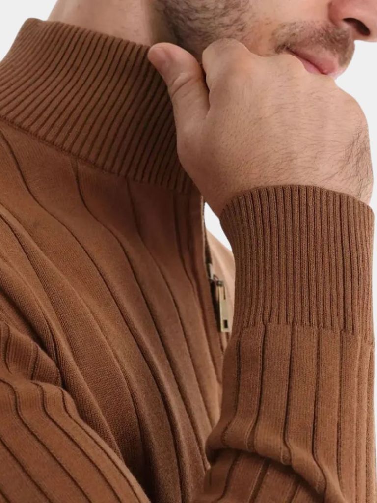 Pullover in misto cotone a righe verticali con zip corta - Aurelio Club