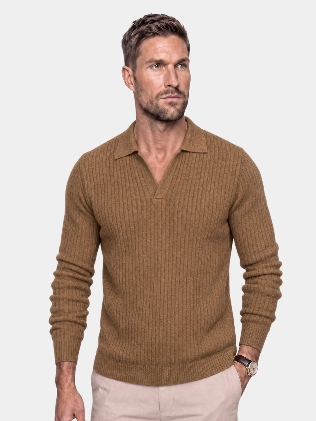 Pullover a coste con colletto polo e scollo a V - Aurelio Club