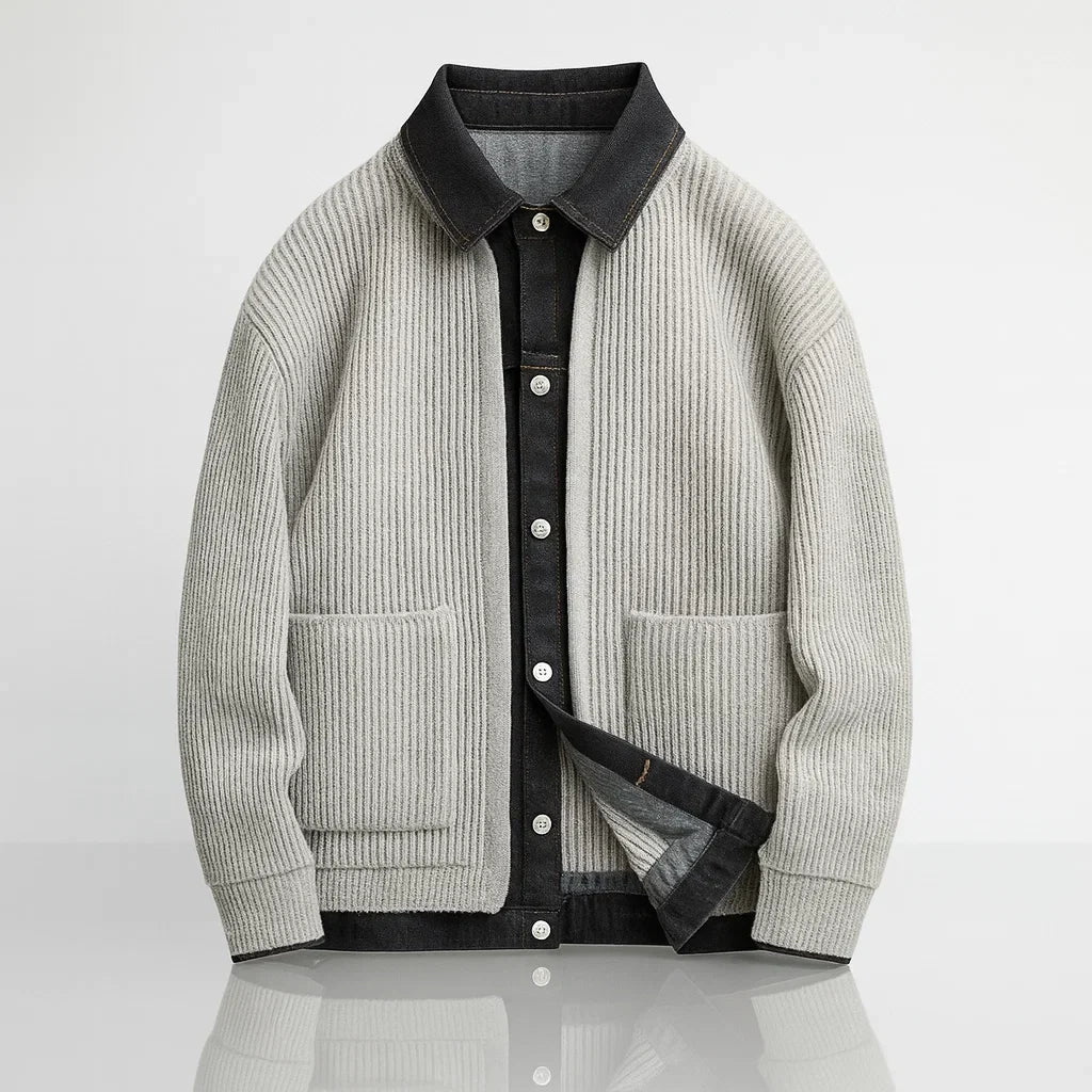 Giacca uomo in maglia con dettagli in denim